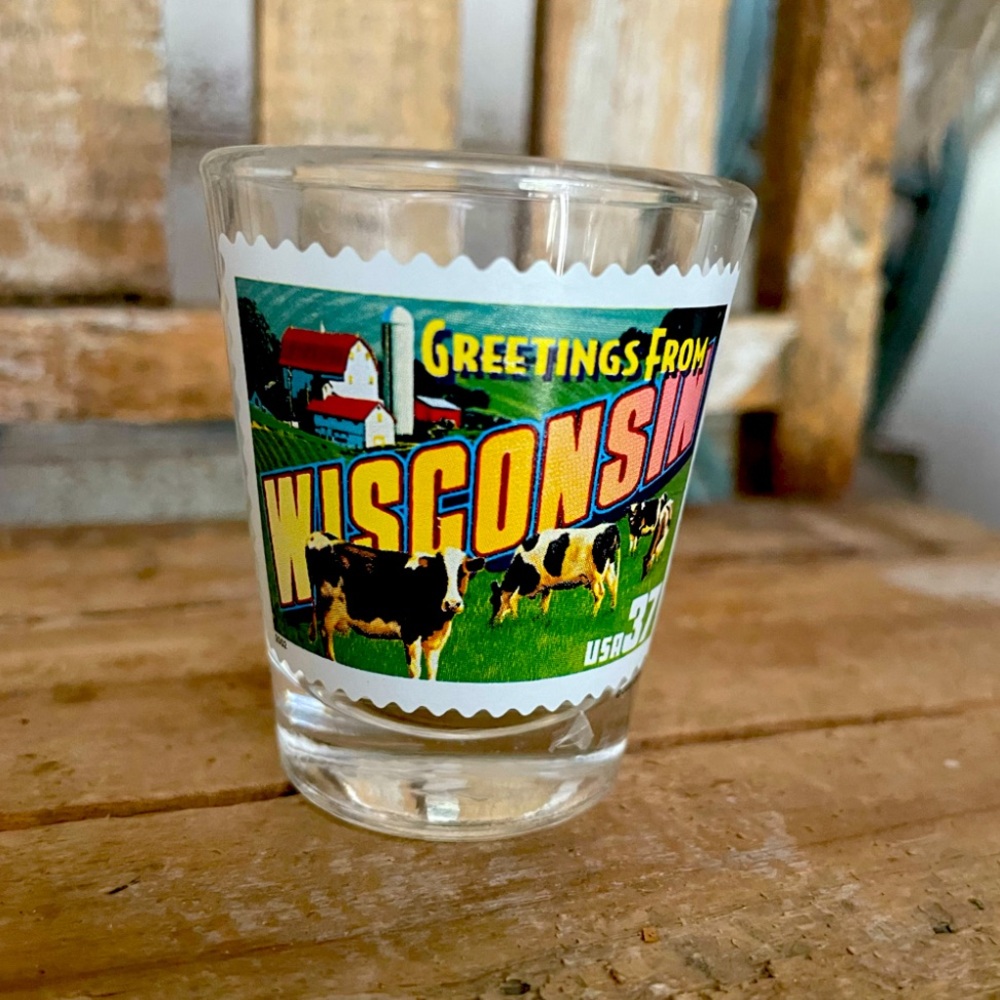 Greetings From Wisconsin Cow Stamp Shot Glass NEW